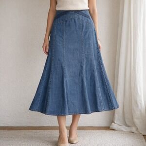 Requirements Linen Skirt – 10 Blue Crochet Trim Paneled Flare Midi